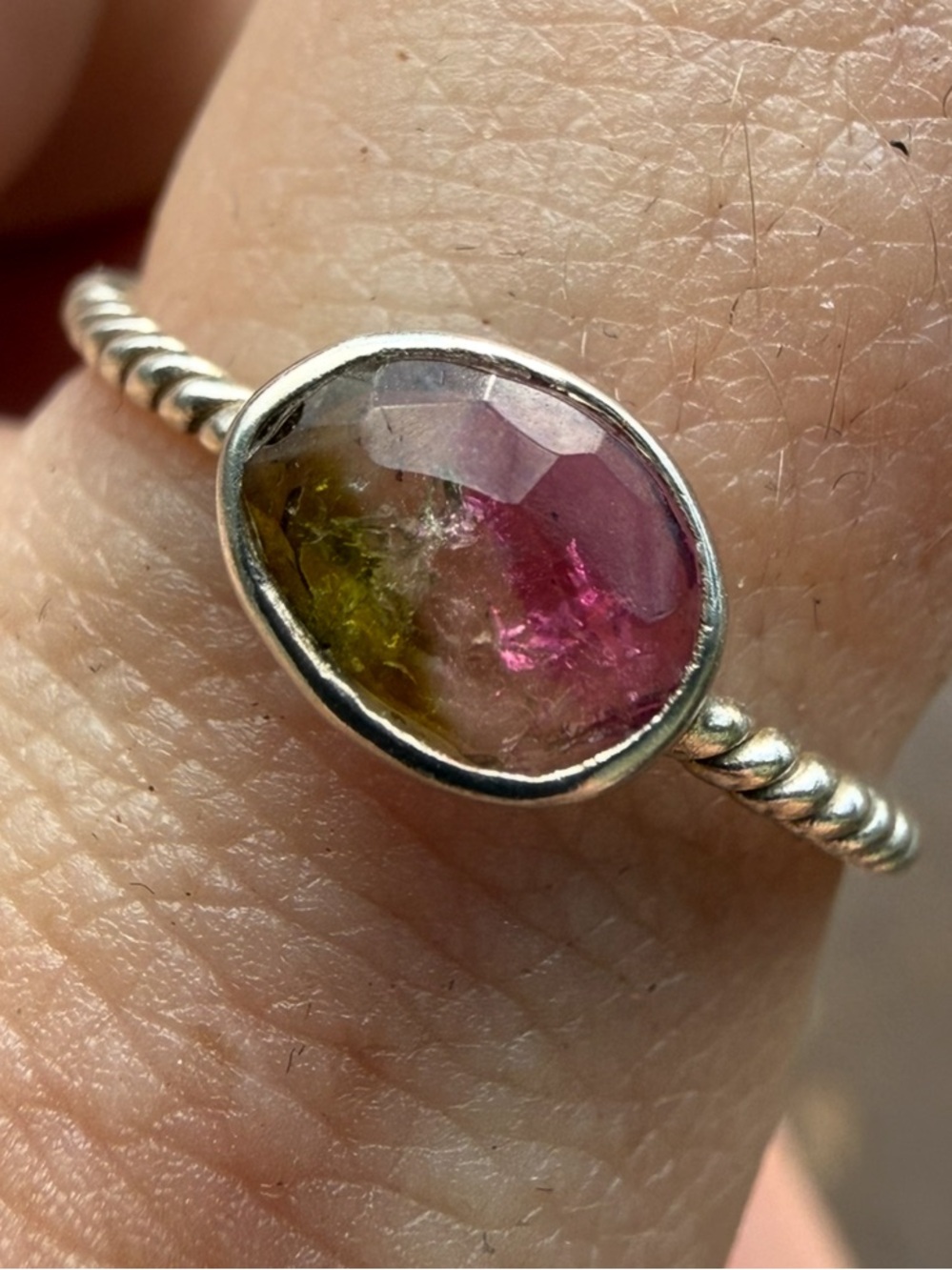 Rare handmade solid sterling genuine watermelon tourmaline rose cut ring